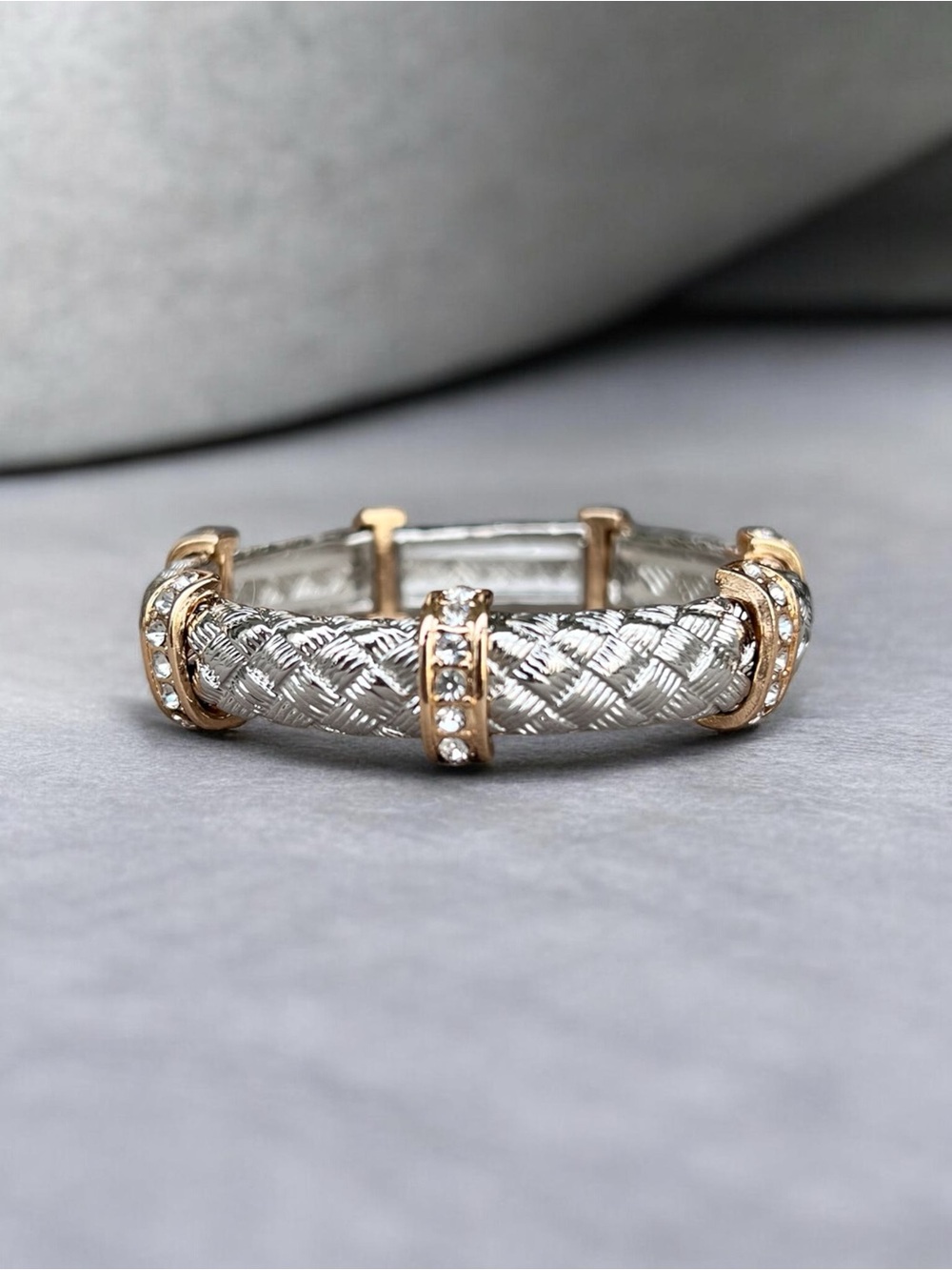 Elegant Two-Tone Braided Silver and Gold Crystal Stretch Bracelet